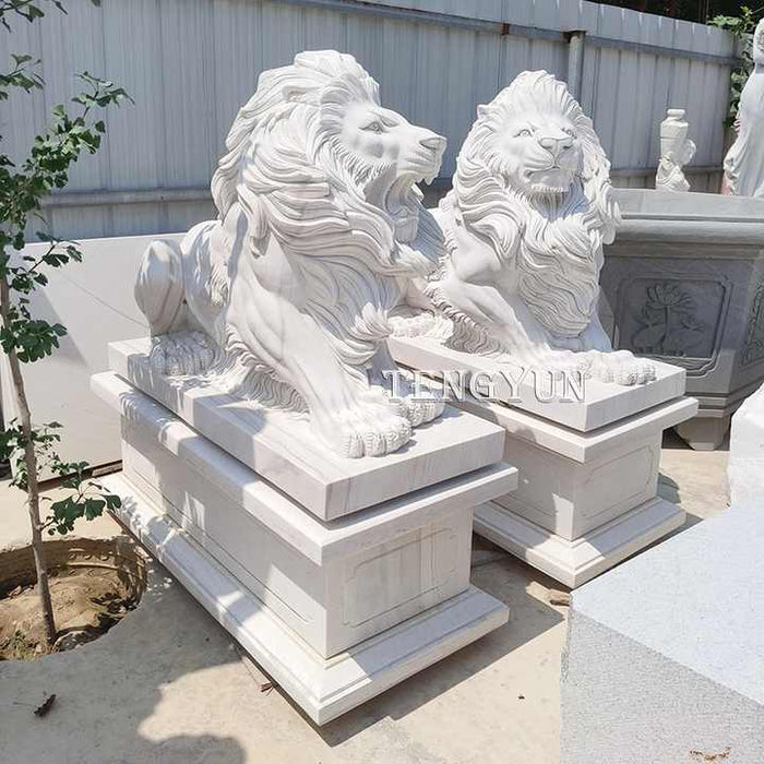 Lion Sculpture Pair of White Marble Stone Lion Statue