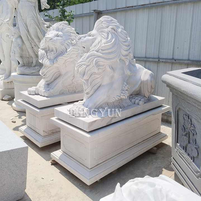 Lion Sculpture Pair of White Marble Stone Lion Statue