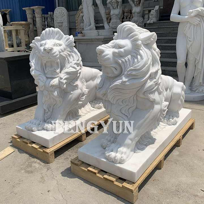 Lion Sculpture Pair of White Marble Stone Lion Statue