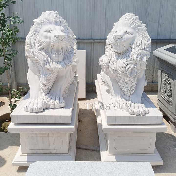 Lion Sculpture Pair of White Marble Stone Lion Statue